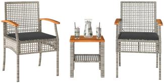 vidaXL 3-tlg. Bistro-Set mit Kissen Grau Poly Rattan Akazienholz 366260