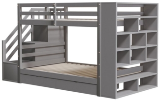 Flieks Etagenbett, Kinderbett 90x200cm mit 2 Schubladen, Seitschrank, Stauraumtreppe