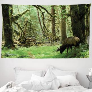 ABAKUHAUS Wald Wandteppich und Tagesdecke, Roosevelt Elk in Park aus Weiches Mikrofaser Stoff Waschbar ohne Verblassen Digitaldruck, 230 x 140 cm, Waldgrün Braun