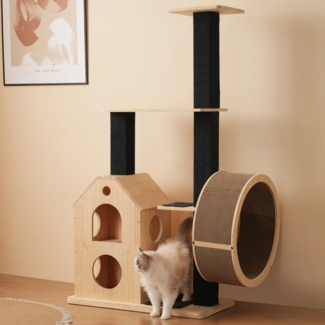 Multifunktionaler Kratzbaum mit integriertem Laufrad, 2 Katzenhäuser, 4 Kletterplattformen, Sisal-Kratzsäulen, abnehmbare Kratzmatten