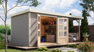 Hybrid-Gartenhaus Jupiter 4D - 298x213 cm plus 2,35 m Anbaudach, 19mm wassergrau/weiß