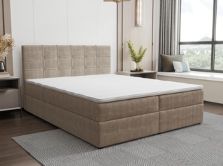 Vente-unique - Komplett-Set mit gestepptem Deko-Kopfteil + Lattenrost mit Bettkasten+ Matratze + Topper - 180 x 200 cm - Stoff - Taupe - KIDA von YSMÉE