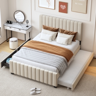 Merax Polsterbett 140 x 190 cm Kinderbett Jugendbett Gästebett, mit Ausziehbett, mit 2 Schubladen, Doppelbett in hautfreundlichem Samtstoff Beige (ohne Matratze)