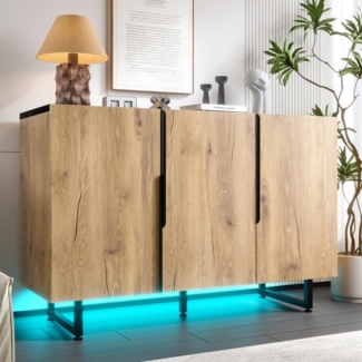 LVHOM Sideboard mit verstellbaren Einlegeböden, Kommode mit LED-Beleuchtung, 120x40x80 cm, Schwarz/Eichenoptik