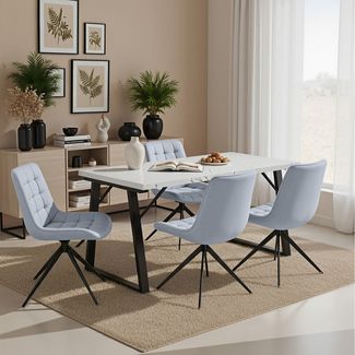 HOMAVO 5-Teiliges Esszimmerstühle, 140x75×80cm Metall& MDF Esstisch (Weiß) mit 4 Stühlen (Hellblau Stoff)