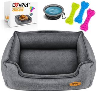 LovPet® Hundebett Hundekissen Hundekorb Chiller, Inkl. Napf + 3X Kauknochen, Hundesofa Kissen für Kleine, Mittelgroße & Große Hunde, Bezug abnehmbar und waschbar Grau, L (90 x 75 x 25 cm)