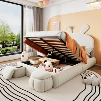 Polsterbett mit LED-Beleuchtung und Sitzhocker (140x200 cm), Doppelbett mit Stauraum, Samt