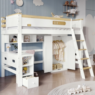 Merax 90x200cm Etagenbett, Hausbett, Kinderbett, mit Fallschutzgitter, mit Tisch und Kleiderschrank, Offenes Regal, Reichlich Stauraum, Mit vierstufiger Leiter, Kiefer+MDF+Sperrholz, Weiß+Natur