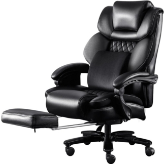 MC Star Bürostuhl 230 kg Belastbarkeit, schwerer Bürostuhl mit Kneifmassagefunktion (ergonomischer großer Bürostuhl, verstellbare Rückenlehne, mit Fußpedal und Taillenkisse, Drehstühl, Leder, schwarz)