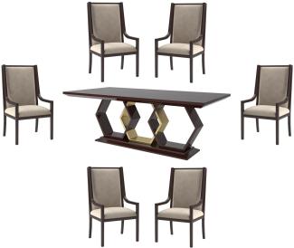 Casa Padrino Luxus Art Deco Esszimmer Set Beige / Dunkelbraun Hochglanz / Gold - 1 Esszimmertisch & 6 Esszimmerstühle - Art Deco Esszimmer Möbel - Luxus Qualität