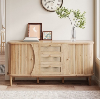 Ulife Sideboard Rattankommode, Kommode mit Schiebetüren, 3 Rattanschubladen, mit verstellbaren Einlegeböden und abgerundeter Platte