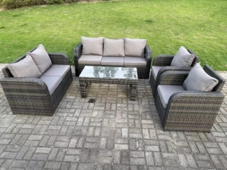 Fimous 7-Sitzer Dunkelgrau PE Wicker Rattan Gartenmöbel Set Liegestuhl Liebe Sitz 3-Sitzer Sofa Set Outdoor Rechteckiger Couchtisch