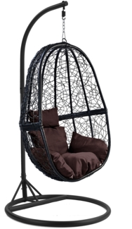 Luxus Hängesessel FUN Gestell Schwarz mit Korb Schwarz und Kissen Dunkel Braun