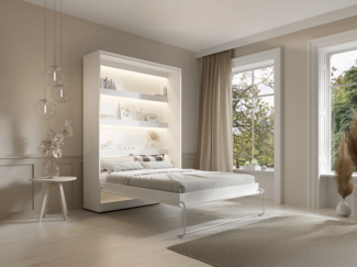 Vente-unique - Schrankbett - 140 x 200 cm - Manuelle vertikale Öffnung - Mit LED-Beleuchtung - Weiß - RAPILI