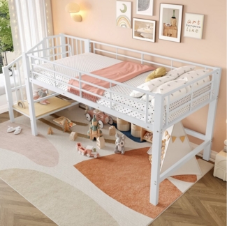 Merax Hochbett (1-St, Etagenbett Jugendbett Einzelbett) Metallbett Kinderbett 90x200cm mit Stauraumtreppe, Zaun & Lattenrost