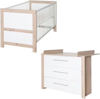 Roba Babymöbel Set 2-teilig 'Malo' - Kinderbett 70x140 cm umbaubar + Wickelkommode mit 3 Schubladen - Griffe aus Metal - Weiß / Artisan Eiche