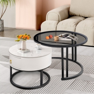 MULISOFT Beistelltisch Satztisch Couchtisch Set Ø70x45 cm / Ø50x40 cm (1-St), Wohnzimmertisch mit Schublade, aus Rauchglas and Marmor
