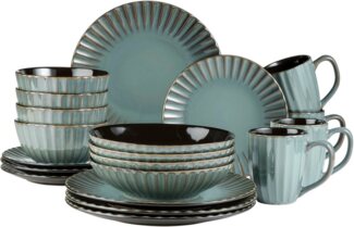 Geschirr Set fr 4 Personen im modernen Vintage Look, 20-teiliges Kombiservice aus Keramik in Petrol mit schwarzen Akzenten