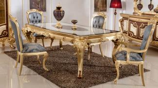 Casa Padrino Luxus Barock Esszimmer Set Blau / Weiß / Braun / Gold - 1 Barock Esstisch & 6 Barock Esszimmerstühle - Barock Esszimmer Möbel - Luxus Möbel im Barockstil - Edel & Prunkvoll