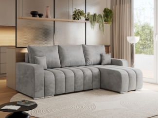 Universelles Ecksofa in Streifen genäht mit Schlaffunktion und Bettkasten, modern Stil - KIRASSO - Hellgrau Velvet