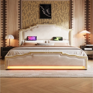 Celya Polsterbett Doppelbett mit 4 Schubladen, LED-Beleuchtung und USB-C-Ladeanschluss (Samt, ohne Matratze), 180×200cm, Stauraumbett und Jugendbett mit Lattenrost
