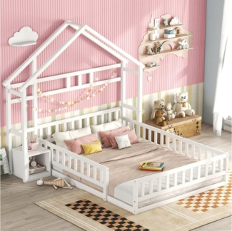 Flieks Kinderbett, Massivholzbett Hausbett mit Nachttisch und Lattenrost 140x200cm