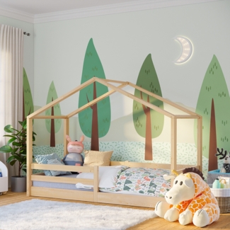 Bellabino 'Abia' Hausbett 90x200 cm, natur, Kiefer Massivholz, Bodenbett in Hausoptik, Montessori Kinderbett mit Rausfallschutz und Lattenrost