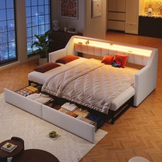 Schlafsofa mit Bettfunktion und LED-Beleuchtung, 90x200cm/180x200cm, Liegefläche erweiterbar, mit Lattenrost und Schubladen, Leinen