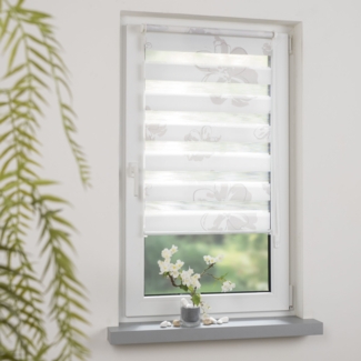 AMBIENZO Klemmfix-Duorollo/Doppelrollo mit Druckdesign Blume, Farbe: weiss, Grösse 70 x 210 cm