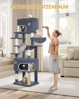Kratzbaum, 178 cm Katzenbaum mit großer Plattform, 2 Höhlen, 7 Kratzsäulen, Pompons, Liegemulden, Hängematte, Geeignet für alle Katzenrassen, Dunkelgrau