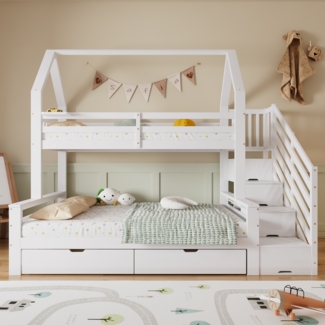 Etagenbett, Kinderbett zwei Schubladen auf Rollen schönes Dachdesign mit Sicherheitsgeländer und Treppenschrank, Kiefer+MDF+Sperrholz, Weiß, 90x200cm & 140x200cm