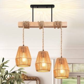 Jibenhome Hängeleuchten Pendelleuchte 3-flammige LED Kronleuchter mit Rattanschirm & Holz, Warmweiß, Höhenverstellbare Hängelampe Vintage, Nature-Style