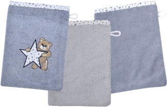 Wörner Waschhandschuh Teddy/Stern Waschhandschuh 3er Set, (3-St), 1x mit süßer Teddystickerei, 2x unifarben