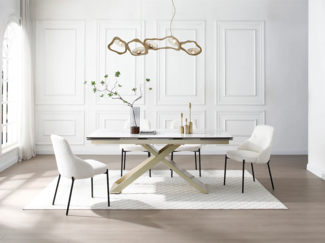 Vente-unique - Esstisch für 6 bis 10 Personen ausziehbar - Keramik, Sicherheitsglas & Metall - Marmor-Optik Weiß & Goldfarben - XERENA von Maison Céphy