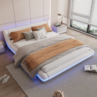 Furnishings Home Polsterbett Doppelbett Futonbett Bodenbett inkl. LED, Mit 24-Tasten-Fernbedienung, Lattenrost, Kunstleder, 160x200 cm