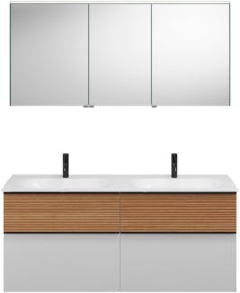 Burgbad FIUMO Waschtisch Set mit Spiegelschrank 142 cm breit, Braun/Weiß, Doppelwaschbecken Gussmarmor Weiß, 4 Schubladen, Anschlag rechts