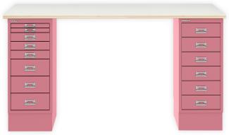 MultiDesk, 1 MultiDrawer mit 6 Schüben, 1 MultiDrawer mit 8 Schüben, Dekor Plywood, Farbe Pink, Maße: H 740 x B 1400 x T 600 mm