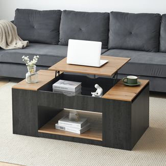 Merax Couchtisch mit Liftfunktion - 109.5cm, graues Gestell, stilvolles Design, Stauraum unter der Tischplatte, Grau + Holzmaserung Braun