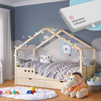 Bellabino 'Bela' Hausbett 90x200 cm mit Matratze und großer Schublade, natur, Kiefer Massivholz, Montessori Kinderbett mit Stauraum, inkl. Rausfallschutz und Lattenrost