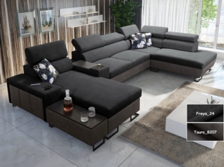 Möbel für Dich Wohnlandschaft in U-Form Melody V, mit Ablagetisch, Barfach, USB, Becherhalter, Bettfunktion, Bettkasten
