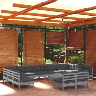 vidaXL 13-tlg. Garten-Lounge-Set mit Kissen Grau Kiefer Massivholz 3097231