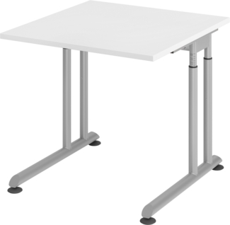 bümö höhenverstellbarer Schreibtisch Z-Serie 80x80 cm in weiß, Gestell in Silber - PC Tisch klein für's Büro manuell höhenverstellbar, Computertisch verstellbar, ZS-08-W-S