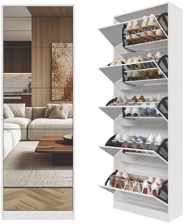 MC Star Schuhschrank Verspiegelter Schuhregalschrank mit 5 Klappschubladen (verspiegelter Schuhschrank, freistehender Klappschuhschrank, Eingang, weiß)