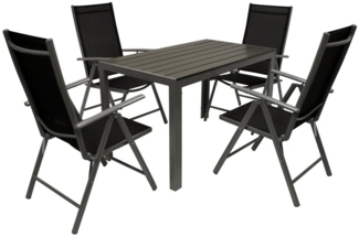 TPFGarden Garten-Essgruppe ASHFORD, (Gartengarnitur - 5-teilige Sitzgruppe - Gestell aus Aluminium grau, 5-tlg, Textilbespannung schwarz - Rückenlehne Sessel 7-fach verstellbar), (4x Klappsessel mit Armlehnen, 1x Tisch 125x70 cm)