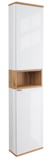 Lomadox Hochschrank NERVI-147 Badezimmerschrank 35 cm Hochglanz weiß mit Eiche