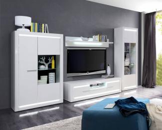 Wohnwand Anbauwand 4-teilig weiß hochglanz inkl. Beleuchtung 339cm