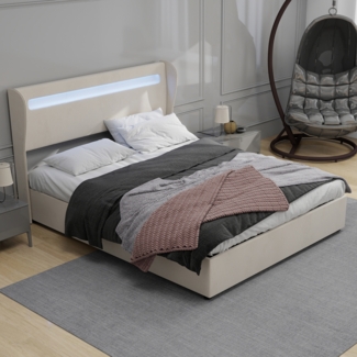 Flachbett 160×200cm gepolstertes Polsterbett (Fabric+Metal) mit einstellbarer LED-Beleuchtung,verstellbarem Kopfteil,robuster Rahmen,Beige