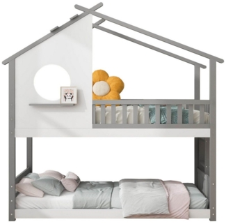 MODFU Etagenbett Einzelbett Hausbett Kinderbett Bett (90x200cm), Etagenbett mit rechtwinkliger Leiter, Ohne Matratze), mit Fallschutz und Barriere, Rahmen aus Kiefernholz