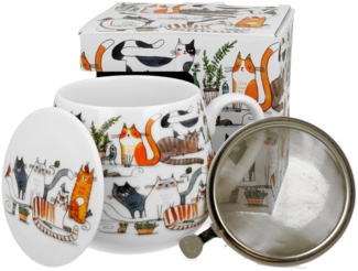 DUO ART GALLERY Fassbecher 430 ml CAT'S WORLD – LAZY CATS mit Teesieb, New Bone China Porzellan