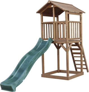 AXI Beach Tower Spielturm aus Holz in Braun Spielhaus für Kinder mit grüner Rutsche und Sandkasten | Braun, grün | Holz | 349 cm